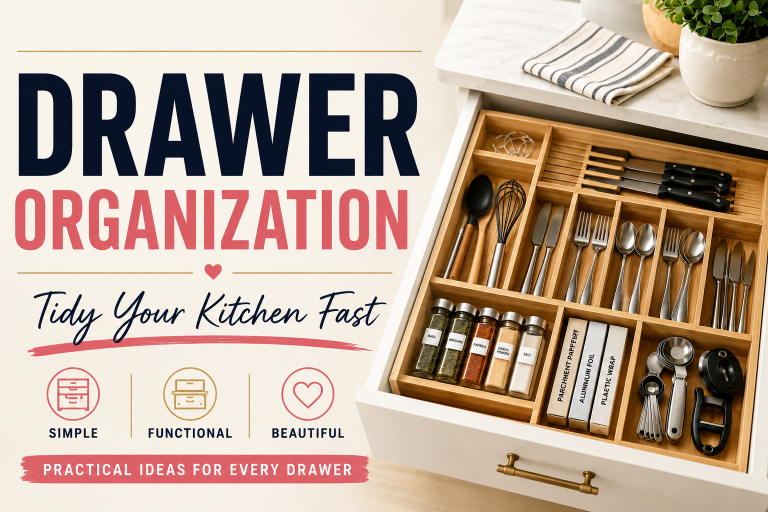 Beautifully organized kitchen drawer featuring bamboo drawer organizers for utensils, spices, and everyday kitchen essentials.