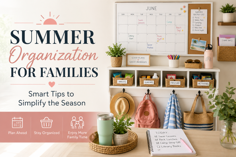 Summer organization for families with command center, family calendar, and organized storage solutions.