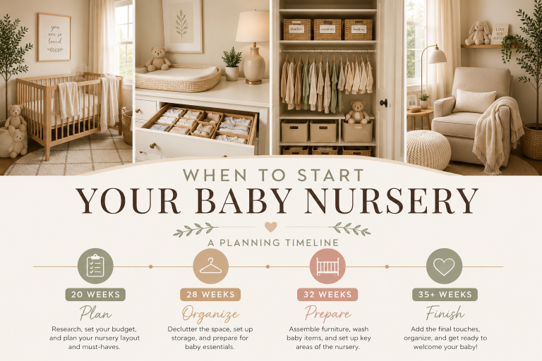 Neutral nursery with organized storage and crib for nursery planning timeline.