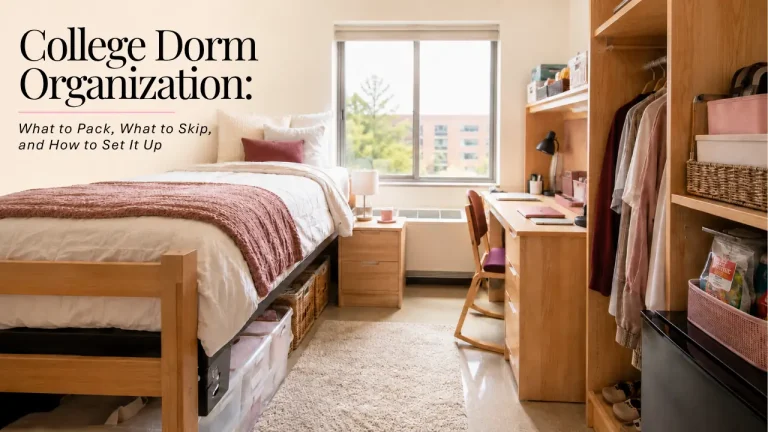 Organized college dorm room with practical sleeping, study, clothing, and storage areas