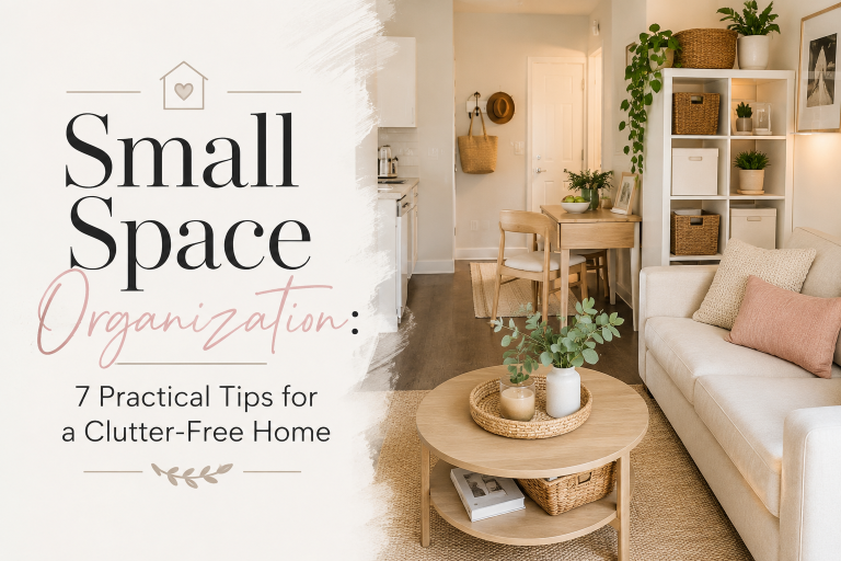 Bright organized small apartment living room with neutral decor and smart storage solutions.