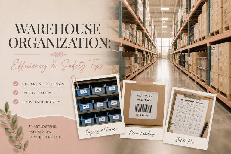 Luxury warehouse organization thumbnail featuring organized warehouse aisles, inventory systems, and business efficiency planning.