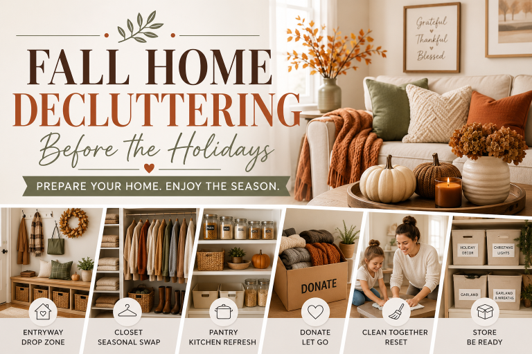 Fall home decluttering before the holidays with organized entryway, seasonal closet, pantry refresh, donation box, and holiday storage bins.