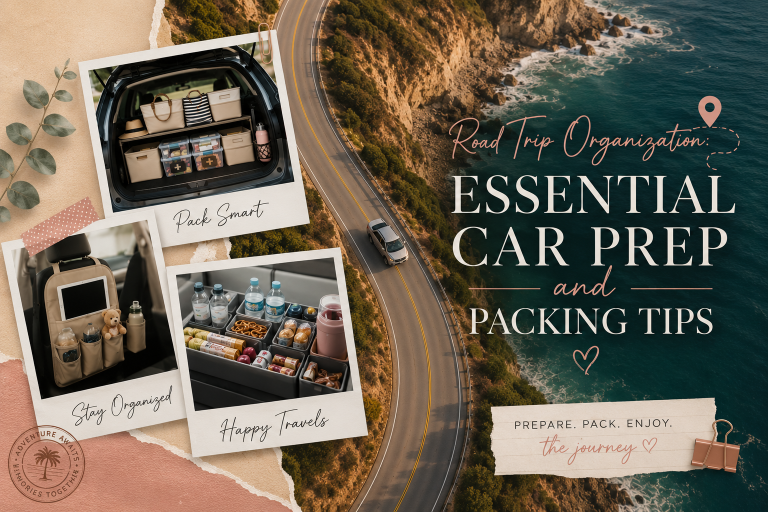 Organized family road trip with packed vehicle, travel essentials, and road trip preparation tips