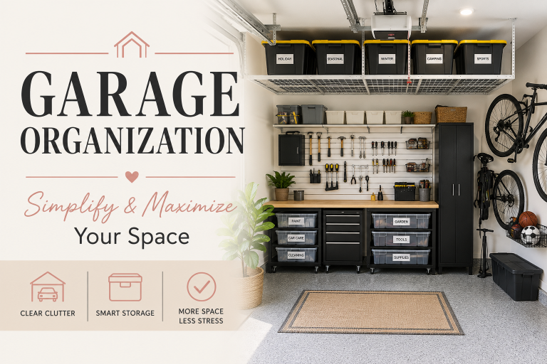 Organized garage with storage bins, shelves, overhead racks, and labeled storage solutions.