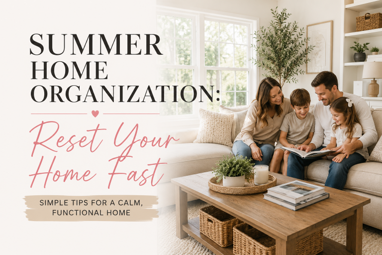 Family enjoying a clean and organized living room in summer with a YouTube thumbnail promoting summer home organization tips.