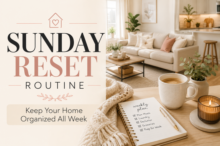 Cozy Sunday reset routine with coffee, planner, and organized living room for weekly home organization.