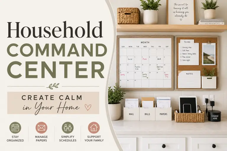 Household command center with calendar, mail organization, and family planning systems.