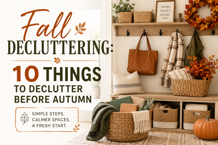 Cozy fall living room with seasonal décor, organized entryway, closet, pantry, donation box, cleaning, and labeled holiday storage promoting fall home decluttering before the holidays.