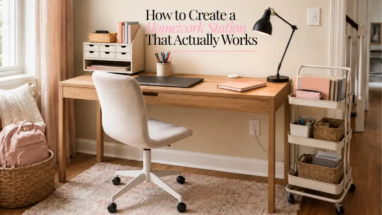 Organized homework station with a clear desk, accessible school supplies, and practical storage