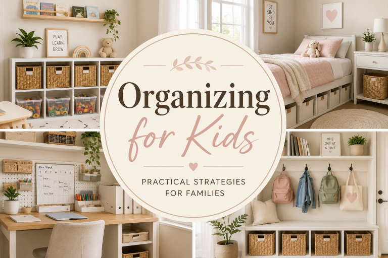 Organized children's bedroom and playroom with practical storage solutions.
