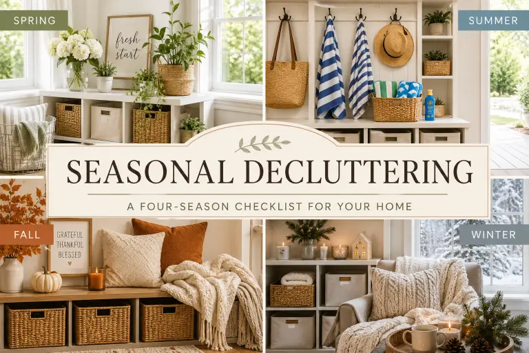 Seasonal decluttering throughout spring, summer, fall, and winter with organized home spaces.